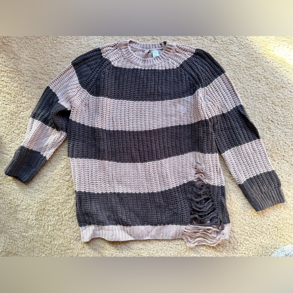 H&M Divided Brown and Tan Distressed Striped Sweater